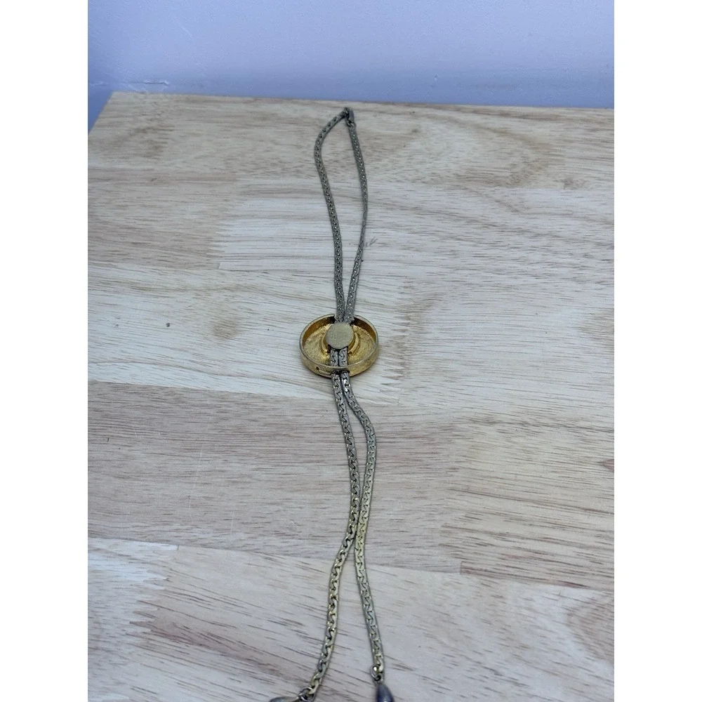 Vintage Gold Tone Bolo Slide‎ Necklace Yellow Enamel Round Pendant Lariat Tassel